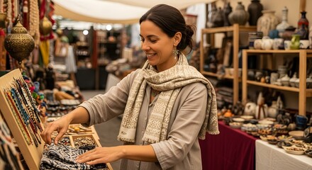 Smiling Woman Shopping for Handcrafted Goods at Vibrant Market