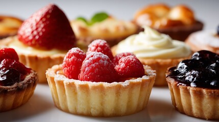 A tempting selection of fruit tarts topped with raspberries, strawberries, and cream, perfect for dessert lovers.