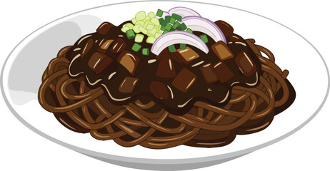 A plate of jjajangmyeon, a popular Korean noodle dish, is shown in detail.
