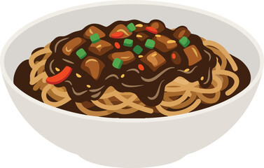 A white bowl of Asian noodles with a savory black bean sauce, diced meat, and green onions, presented as a vector illustration.