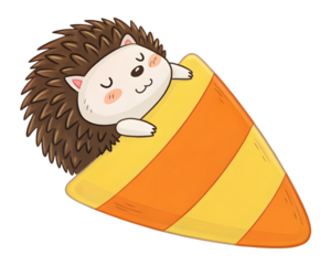 Adorable hedgehog cozying up inside a sweet candy corn treat,isolated on white background.