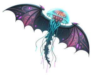 Mystical winged jellyfish creature with glowing bioluminescent accents and intricate wing patterns,isolated on white background.