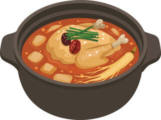 A vibrant illustration of a Korean ginseng chicken soup, served in a traditional black pot.