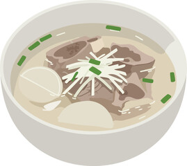 Korean Seolleongtang soup with beef bones and radish in a white bowl.