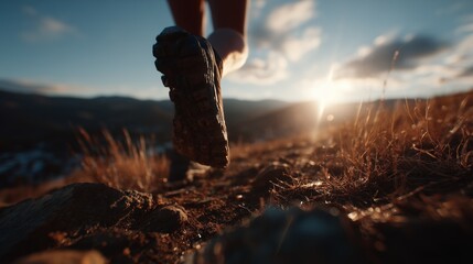 A person running on a rocky trail with sunrise, showcasing outdoor adventure and fitness in a scenic mountain setting.