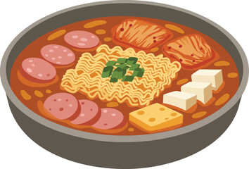 A delicious and hearty bowl of Korean Budae Jjigae, also known as Army Stew, featuring instant noodles, kimchi, sausage, tofu, and cheese.