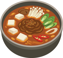 A close-up illustration of a steaming bowl of Korean sundubu jjigae, a spicy soft tofu stew, with various ingredients.