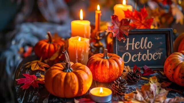 Cozy autumn scene with glowing candles, small pumpkins, and colorful fall leaves, featuring a 'Hello October' sign on a dark background.