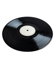 A black vinyl record with a blank white label centered, subtly reflecting light, sits against a pure black backdrop