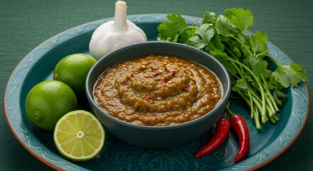 A rustic bowl of chunky salsa, artfully arranged with fresh cilantro, garlic, and limes