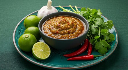 A rustic bowl of chunky salsa, artfully arranged with fresh cilantro, garlic, and limes