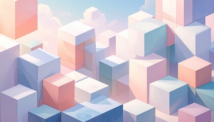 Fototapeta premium Abstract Geometric Cityscape Depicting Pastel Colored Cubes Under a Cloudy Sky