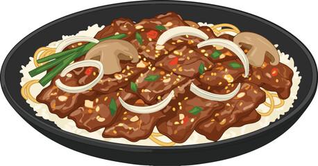 Sizzling Beef with Rice and Mushrooms in a Black Pan.