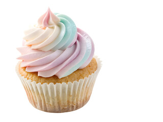 Delightful cupcake with swirled pastel frosting, perfect for celebrations and sweet moments,isolated on white background