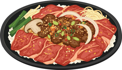 An illustration of a Korean beef bulgogi dish served on a hot plate with rice, mushrooms, onions, and scallions.