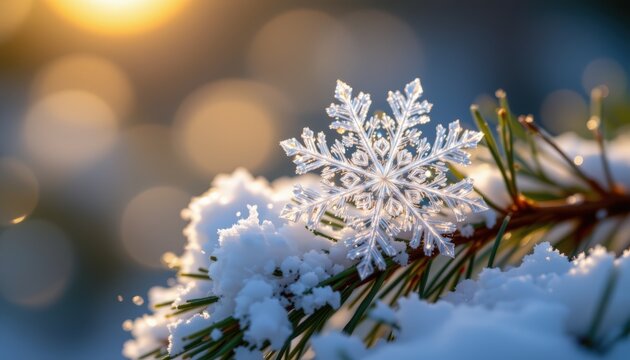 Macro close up of snowflake resting on pine needle - Powered by Adobe