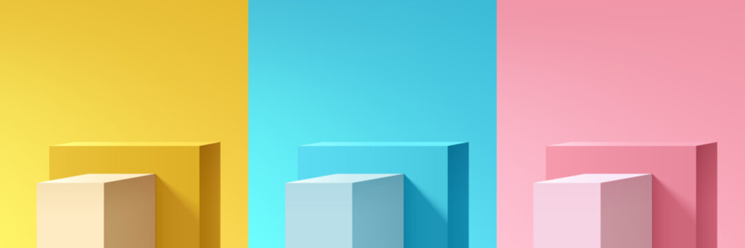 Set of 3d yellow, blue, pink and white steps cube box product podium background. Abstract composition in minimalist design. Studio display showroom pedestal, Fashion stage showcase mockup wall scene.
