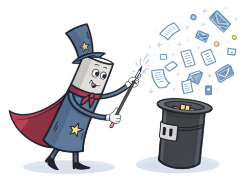 Magical delivery service conjures mail and documents from a hat with sparkling wand,isolated on white background