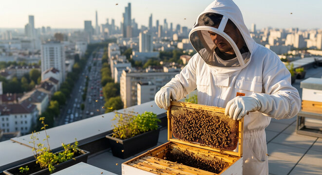 Urban Beekeeper on a City Rooftop
