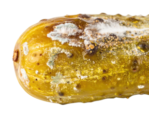 A close-up image of a moldy pickle showcasing its textured surface and signs of decay.