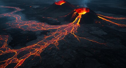 Aerial view of an active volcano erupting with flowing lava rivers at night