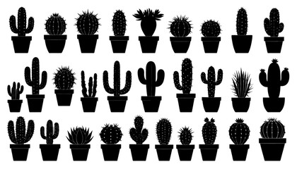 Black Silhouette Collection of Cactus and Succulents in Pots for Design and Decoration