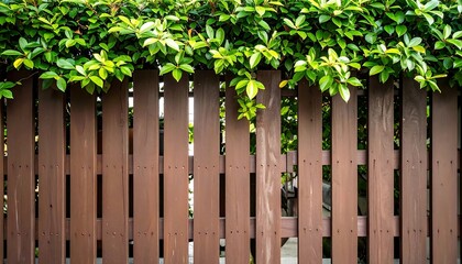 Fototapeta premium Wooden fence with lush green foliage (1)