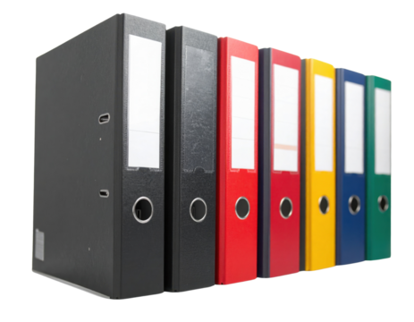 A row of colorful binders with labels, arranged neatly, showcasing a variety of colors and sizes, commonly used for organizing documents.