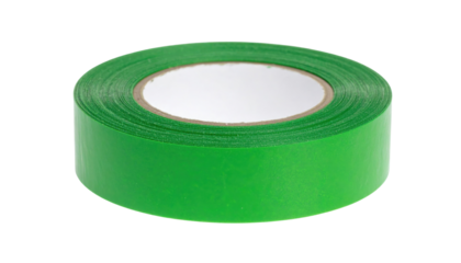 A roll of green adhesive tape, cylindrical in shape, often used for crafting, labeling, or decorating.