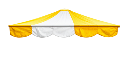A vibrant yellow and white striped canopy with scalloped edges, designed for outdoor events and gatherings.