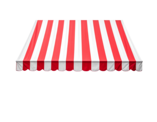A vibrant red and white striped awning, providing shade and enhancing outdoor spaces with its bold design.