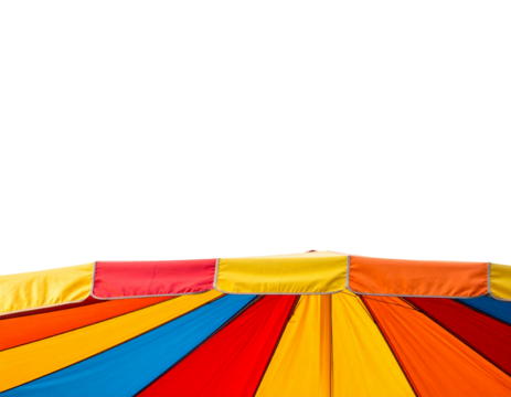 A vibrant, multi-colored awning featuring stripes in red, yellow, blue, and orange.