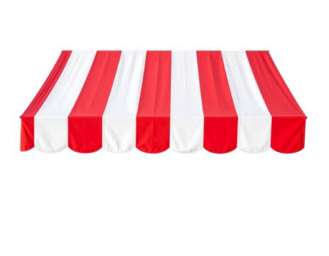 A red and white striped awning with a scalloped edge, designed for outdoor shading and decoration.