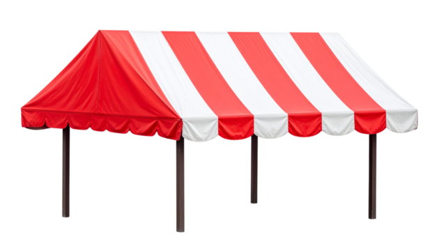A colorful tent with alternating red and white stripes, featuring a peaked roof and scalloped edges, typically used for outdoor events or fairs.