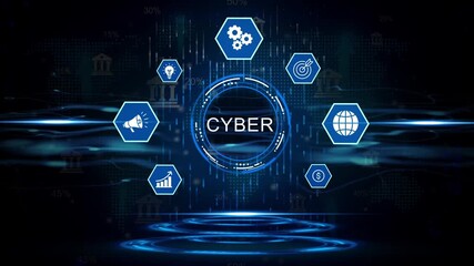 Cyber security network technology data protection global finance innovation concept abstract digital background with glowing icons and world map - Powered by Adobe