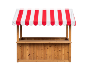 A wooden market stall with a striped red and white awning, designed for selling goods.
