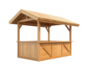 A wooden market stall featuring a peaked roof and open sides, designed for selling goods.