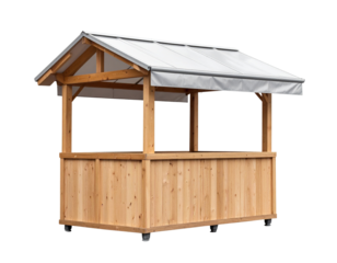 A wooden market stall with a slanted roof and an awning, designed for selling goods outdoors.