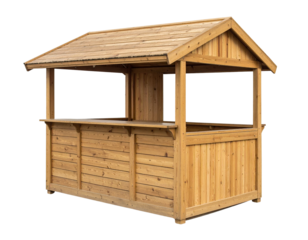 A wooden stall with a slanted roof, featuring open sides and a front counter, designed for selling goods or serving food.