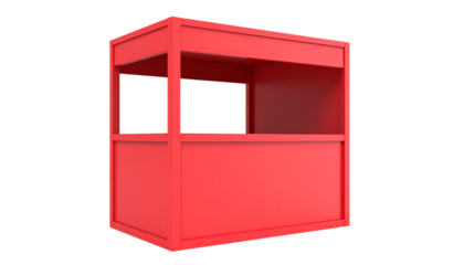 A vibrant red kiosk with open sides, designed for displaying goods or services, featuring a simple yet functional structure.