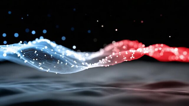 Abstract Waveform in Motion: Dynamic illustration of digital waveforms, portraying the ebb and flow of data visualization, with a blend of red and blue gradients against a dark backdrop.