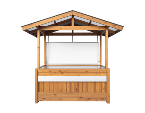A wooden stall featuring a sloped roof, open front, and a blank white area for signage or display.