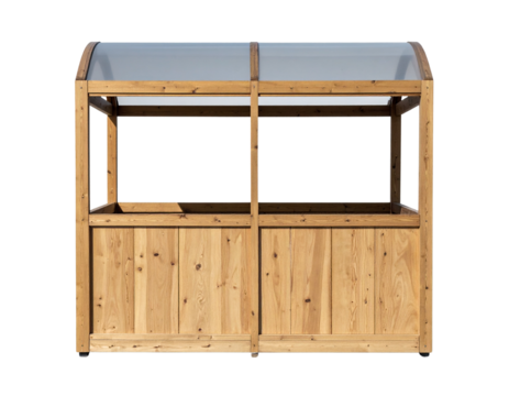 A wooden display cabinet with a curved top, featuring open shelving and a solid base, designed for showcasing items.