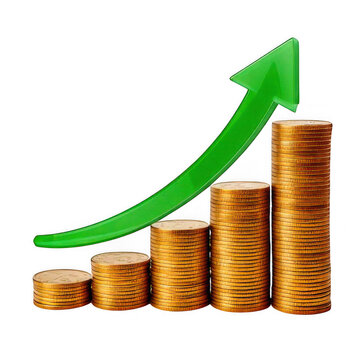 Increasing stacks of golden coins with a smooth upward green arrow, representing financial success and growth with an environmentally positive connotation, isolated on a transparent background