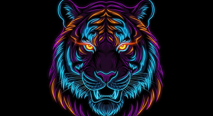 Neon Tiger Face Electric Glow on Dark Background