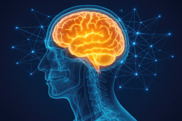 3D rendering of a human brain with glowing orange neural network connections on a dark background artificial intelligence