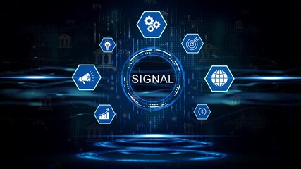 Digital signal network communication technology concept with global data analytics and business icons in futuristic blue abstract background - Powered by Adobe