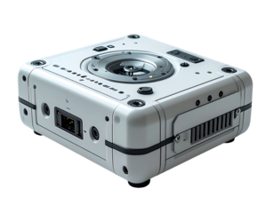 Off-white cubic device with dark grey accents, featuring a central circular element, various ports, and ventilation slots