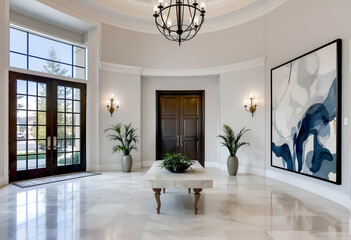 Elegant Foyer with Modern Abstract Art and Marble Flooring