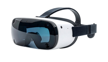 Fototapeta premium Sleek white VR headset with black accents, adjustable straps, and integrated cameras for immersive experiences